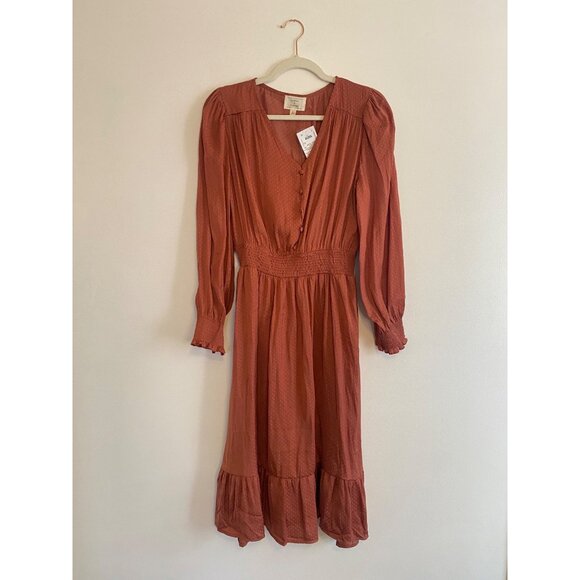 Flower & Feather Dresses & Skirts - Dusty Pink Midi Dress With Polka Dot Pattern & Smocked Waist & Wrist Size L